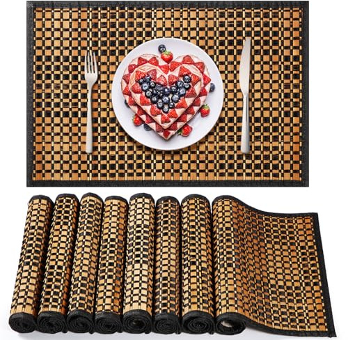 Hushee 8 Pcs Bamboo Placemats Dining Table Mats Washable Heat Place Resistant Mat for Dining Kitchen Room Table, 18 x 12 Inch(Elegant Style)
