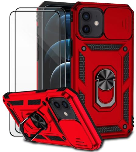 Dechyi für iPhone 12 mini Hülle mit Panzerglas Schutzfolie Schutzhülle mit Kameraschieber Case 360° Drehbarer Militä Ständer Stoßfest Cover-Rot
