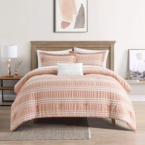 Chic Home Emma King 4-teiliges gestreiftes Seersucker-Bettwäsche-Set, 2 Kissenbezüge, 1 Zierkissen - Blush Pink