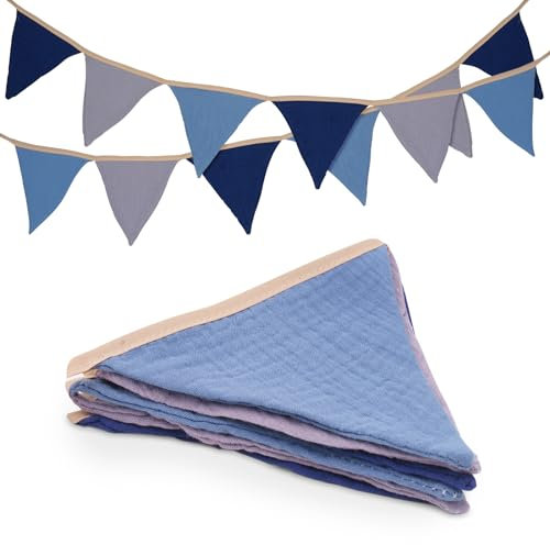 jijAcraft Guirnalda de Banderines de Tela de Doble Cara, Guirnalda de Tela de 1,9 M, Banderines de Algodón para Habitación Infantil, Habitación de Bebé, Fiesta de Cumpleaños (Azul-Gris)