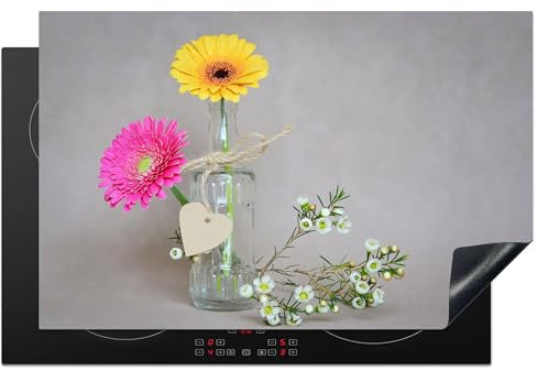 KitchenYeah© Copri Piano Cottura 80x52 cm Coprifornelli Tappetino per Induzione Fornello Tutto per la Cucina Fiori - Primavera - Vaso - Giallo - Rosa - Natura morta