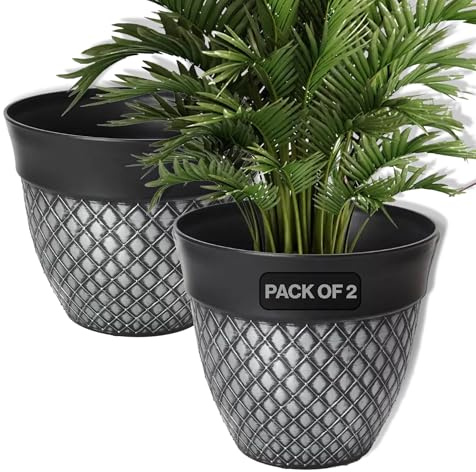 My Garden Plant Flower Pot Set of 2 Indoor & Outdoor 30CM Plastic Plant Pots With Drainage Holes Lightweight Easy To Move Plant Pots Garden Decoration Herb Orchid Planting Pot (Silver Latic Effect)
