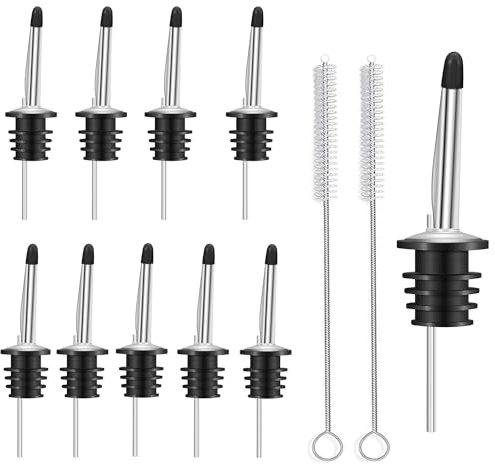 Liquor Pour Spouts,Ompinda 10 Pcs Classic 304 Stainless Steel Speed Wine Bottle Pourers with Rubber Dust Caps Bar Accessories(Include 2 Pcs Bruches） (250, Grams)