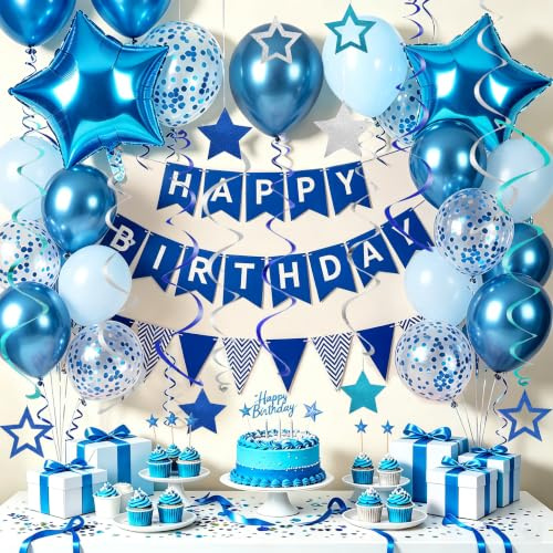Geburtstagsdeko, Blau Happy Birthday Girlande, Stern hängende Wirbel Streamer, Blau Stern Luftballons, Wimpelkette Banner, für Geburtstags Party deko