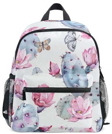 Mnsruu Kids Small School Backpack, Pink Opuntia Cactus and Cute Butterfly Toddler Preschool Shoulder Bookbag Kindergarten Elementary School Bag for Boys Girls