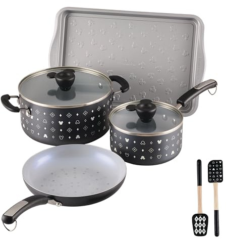 Farberware Disney Monochrome Ceramic Nonstick Cookware Pots and Pans with Baking/Bakeware Cookie Pan and Kitchen Cooking Tool Set, Dishwasher Safe, 8 Piece Cookware Set - Black