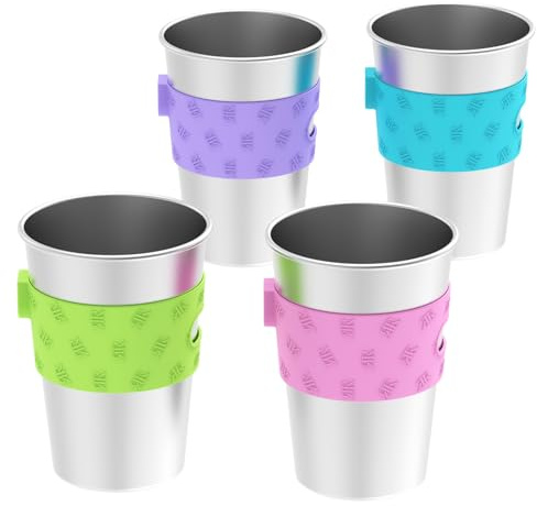 Rich&Ray 4 Pack Magnetic Fridge Cups, 12 oz Stainless Steel Magnetic Hanging Cups with Silicone Cup Holder for Fridges or Water Coolers | Reusable, Hanging on Fridge with Silicone Holder for Water Coolers, 4 Pack