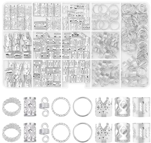 Etercycle 262pcs Hair Jewellery for Braids, Sliver Hair Dreadlock Beads Locs Accessories Hair Charms Rings Adjustable Hair Cuff for Women Girls Hair Braids Decoration (Sliver)