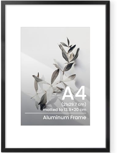 A4 Frame Black, Metal Aluminium A4 Picture Frame, A4 Photo Frame 21x29.7 cm with Mount for A5 Prints, Certificates Documents Poster Frames with Tempered Glass for Vertical & Horizontal Wall Hanging