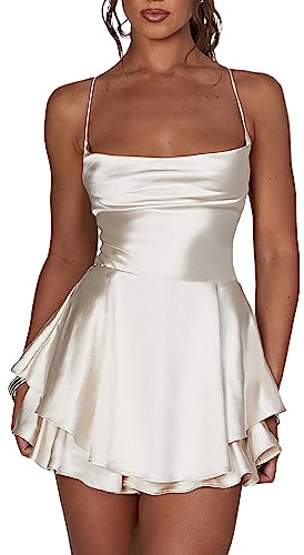 ensswliz Women Satin Rompers Dress Sexy Backless Ruffle Layered Short Jumpsuits Spaghetti Strap Party Satin Mini Dress (Champagne, L)