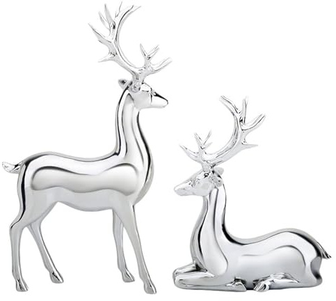 CocMouse 2Pcs Christmas Reindeer Figurines, Christmas Decorations Luck Deer, Resin Elk Sculpture Miniature Figurine, Office Indoor Home Room Ornaments Table Craft (Silver, 2Pcs)