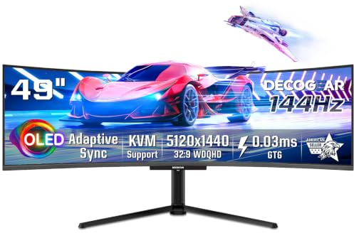 Deco Gear Monitor de juegos QD-OLED curvo ultra ancho de 49 pulgadas con 5120 x 1440, 144 Hz, HDR400 True Black, 0.03 ms, AdaptiveSync Premium, 100% sRGB, HDMI 2.1, 90 W USB-C, altavoces integrados