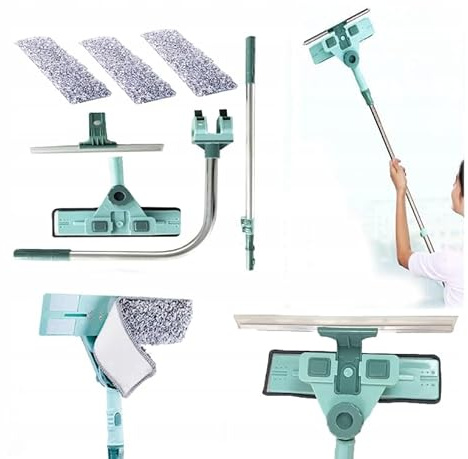 Hooha Teleskop Fensterputzer 69-145 cm Fensterwischer mit Alu Teleskopstiel 180° Drehung Reinigungskopf Mit U-Bügel Stange Ideal für Alle Arten von Fenstern/Türglas/Wänden/Schränken/Böden