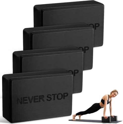 RoundFunny 4 Pack Yoga Blocks Non Slip Pilates Brick Foam Blocks Pilates Dance Gymnastics Workout Fitness Props Tool for Stretching Meditation and Exercise (Black)
