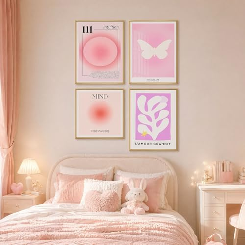 CAIJ Aesthetic Poster Set – 16er Rosa Wandbilder & Kunstdrucke für Clean Girl Zimmer Deko, Ästhetische Wanddeko für Wohnzimmer, Aesthetic Room Decor für Mädchen