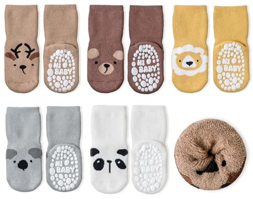 SockWaddles calzini antiscivolo bambino, 5 paia calze termiche bambino con animali carini. Calzini termici bambino invernali per bimbi 1-3 anni.