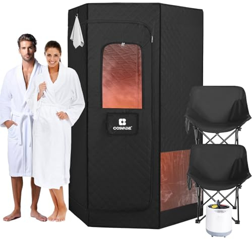 COSVALVE Portable Steam Sauna Box with Red Light, 6-Sided Sauna Tent, 2 Person Indoor Sauna Room for Relaxation, at Home Sauna Spa w/4L 1600W Steam Generator, Remote Control, Timer, 2 Folding Chairs