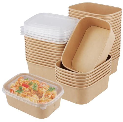 KOHAND Lot de 75 boîtes alimentaires rectangulaires en kraft de 750 ml avec couvercles en plastique, boîtes à emporter pour plats à emporter, déjeuner de fitness, salade