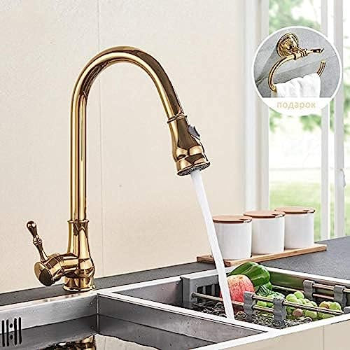 Pull Out Kitchen Faucet Single Handle Mixer Tap 360 Rotating Kitchen Tap Golden Towel Ring Bathroom Accessory