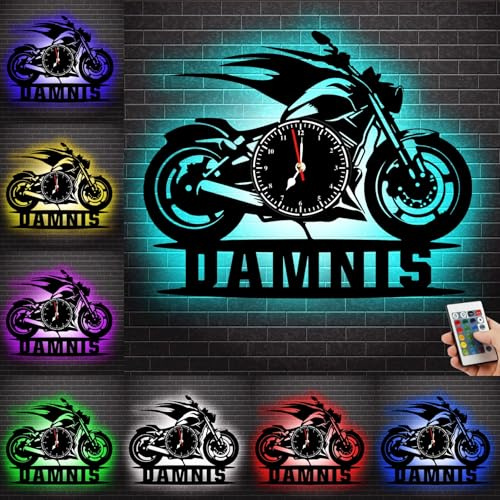 Orologio da parete personalizzato per moto, lampada al neon, con nome personalizzato, orologio da parete in metallo, orologio da parete con luce a LED, per uomini, papà, ragazzi, motociclisti