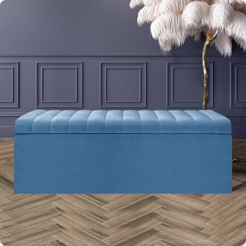 137cm Wide Large Safar Striped Ottoman Storage Box - Plush Velvet Upholstered Blanket Box - End of Bed Storage Bench - Shoe Storage Bench - Rectangle Coffee Table with Storage (Duck Egg Velvet)