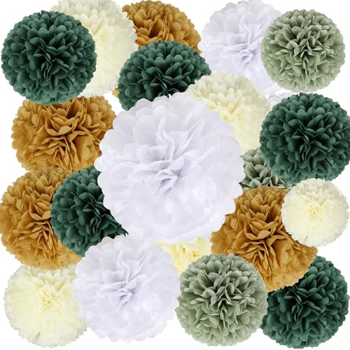 BestoFun 16 PCS Sage Green Party Decorations Tissue Paper Flowers Christmas Party Decors Hanging Pom Poms Decorations for Xmas New Year Winter Holiday Decorations