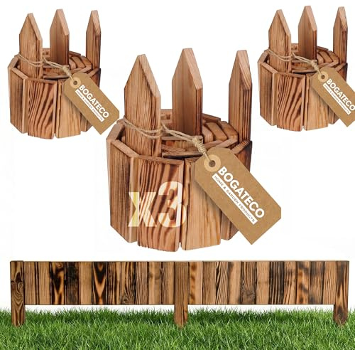 BOGATECO 3er Set Beeteinfassung Holz Rollborder Holzlatten |Rollzaun 10cm Hoch & 112cm lang | Holz-Zaun | Staketenzaun Perfekt als Beet-Umrandung oder Weg-Abgrenzung | Geflammte