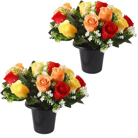 Gobesty Artificial Flowers for Graves 2PCS, Grave Flower Pots 25cm, Silk Flowers for Graves for Outdoor Memorial Grave, Funeral Decorations, Cemetery Flowers, Christmas Tributes (Orange)