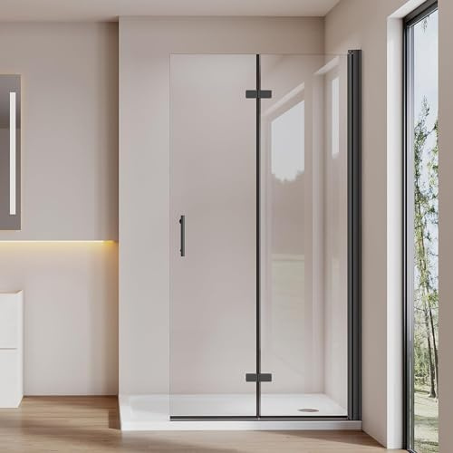 Cozynest Walk in Duschwand 90x195cm Duschabtrennung Faltbar Schwarz Dusche | Duschtrennwand 6mm ESG Sicherheitsglas Nano Beschichtung,Hebe-Senk-Mechanismus,Platzsparende