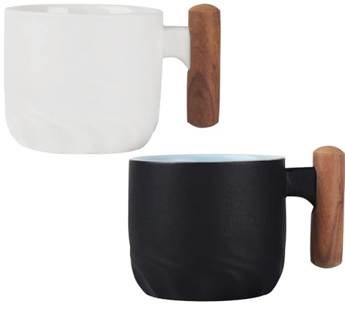 Packool 2 tazas de café expreso de cerámica con mango de madera, tazas demitasse de porcelana de 70 ml, tazas pequeñas de té de café de 2 onzas, taza de espresso moderna para baristas, amantes del té