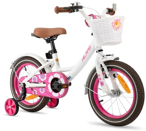 HILAND Petal 12/14/16 Zoll Kinderfahrrad für Mädchen, mit Vorderhandbremse & Rüicktrittbremse, Mädchenfahrrad mit Stützrädern, Kinderfahrrad Mit Korb und Schutzblechen, Rosa/Lila/Weiß