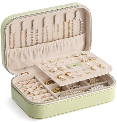 Lolalet Estuche de Joyería de Viaje Portátil, Organizador de Accesorios para Anillos, Collares y Pendientes, Caja Compacta con Compartimentos- M, Verde