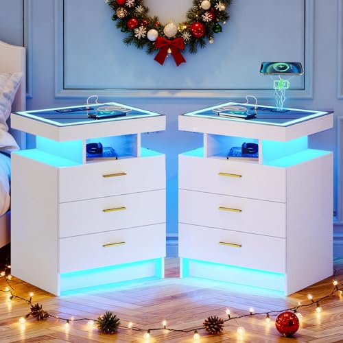 OUTDOOR DOIT 2 Set Nightstands with Wireless Charging Station, Auto Sensor 3 Color Dimmable LED Night Stand, Modern Bedside Table with 3 Drawers & 3 Open Compartments (White)