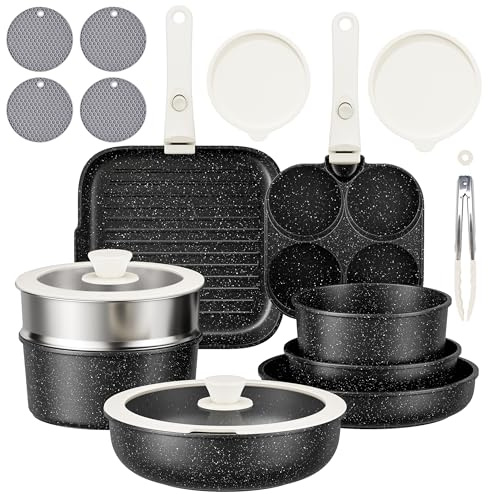 RIOVARM Induction Batterie de cuisine avec Poignées Détachables, Antiadhésive Sets de poêles et casseroles avec Couvercles, Poêle à frire Sans PFOA Poêles à griller Poêle à steak Poêles à omelette