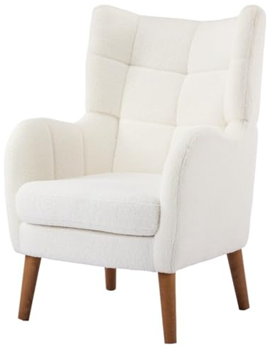 FRITHJILL Wingback Accent Chair with Teddy Wool Fabric, Ergonomic High Back Armchair with 5.5 Thick Cushion & Birch Wood Legs for Living Room, Bedroom & Reading Nook