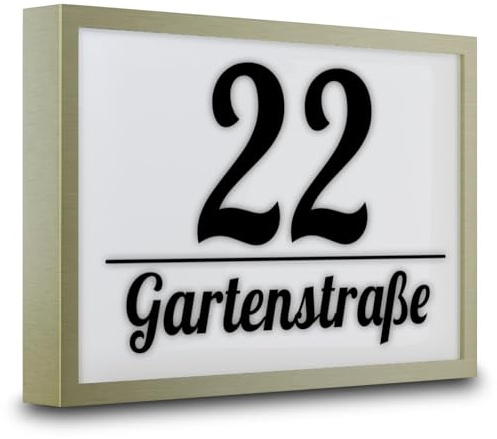 PRINTIMA LED Hausnummer Schild – 230V Anschluss – Gold 33x22 cm – Aluminium + Plexiglas – Wetterfest, personalisierbar, modernes Design für Außenbereich, klare Sichtbarkeit bei Nacht