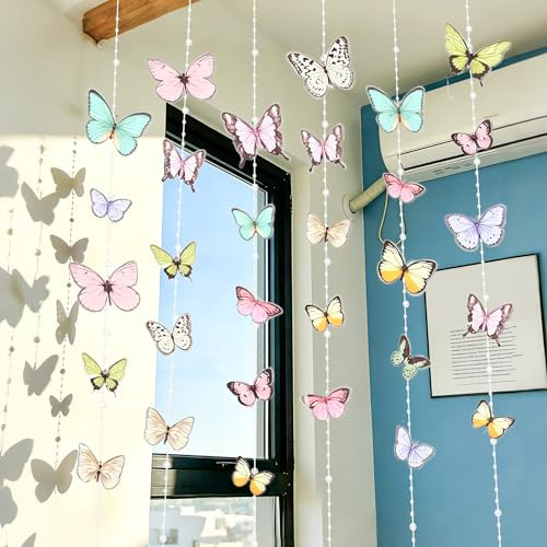 Butterfly Garlands Garden Party Decorations | Pastel Floral Streamers Beads Banner Hanging Decor for Birthday Classroom Baby Bridal Shower Tea Fairy Backdrop