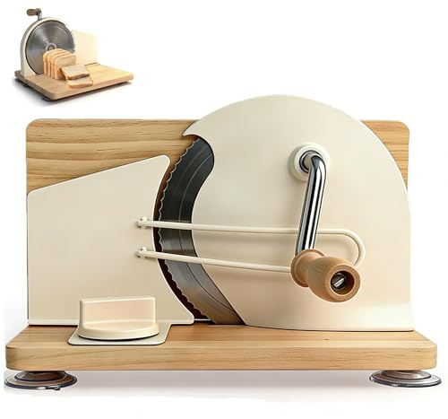 Manuelle Brotschneidemaschine, Allesschneider mit Saugnäpfen, Scheibendicke | stufenlos wählbar 1-20mm, Handkurbel hochwertiger Klingenstahl, Einstellbare Schnittstärke und klappbarer Sockel (Beige)