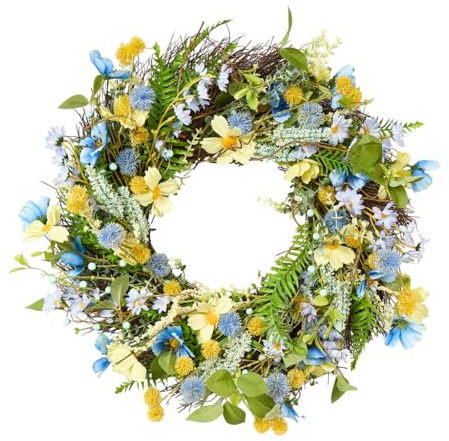 XL Summer Wreath Natural Grapevine Evergreen Garland (Yellow & Blue) | Summer Wreath, Garland, Door Wreath, Artificial Wreath, Summer Decoration, Floral Wreath