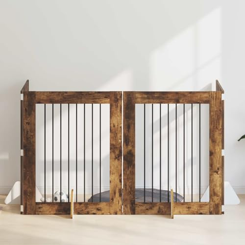 QUAHEAS Hundetor mit Ständern aus Metall und Holz, faltbar, 4-teilig, Geräucherte Eiche, 80 x 100 cm, modularer Hundezwinger für Indoor und Outdoor, tragbar, ideal für Welpen, Freigehege