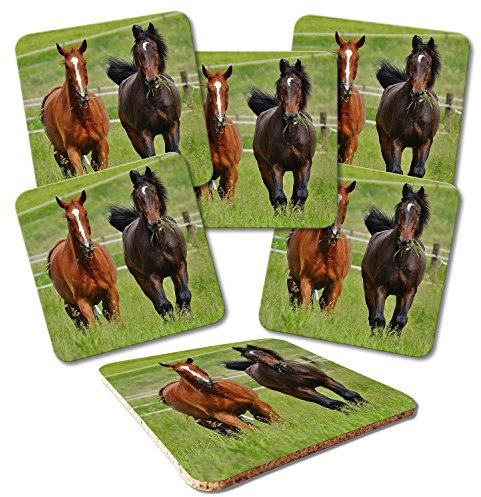 ADDIES Glas-Untersetzer 6-TLG.Set Bedruckt Motiv Pferde-04 in hochwertiger Klarsicht-Geschenkbox und Korkrückseite, Tier-Motive