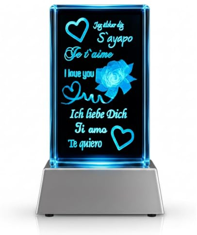 Kaltner Präsente Stimmungslicht - Das perfekte Geschenk: Kristall Glasblock mit 3D Gravur/Ich liebe dich Geschenke für Frauen, Männer/Jahrestag Geschenk für Sie, Ihn/Gravur Herz/Nachtlicht