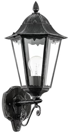 EGLO utomhusvägglampa Navedo, 1-flammig utomhuslampa, vägglampa, stolpe av gjuten aluminium och glas, svart, silverpatina, E27-sockel, IP44