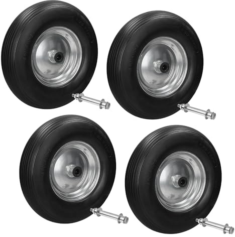 ECD Germany 4er Set Schubkarrenrad aus pannensicherem PU Vollgummi, Ersatzrad Gummirad mit Achse, 4.80/4.00-8, Durchmesser 390mm, Schwarz, 200kg, Reifen mit Stahlfelge für Schubkarre und Gartenkarren