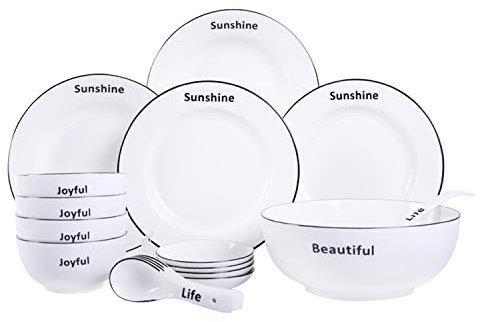 XCXDX Set di Posate in Porcellana Semplice Linea Nera, Piatto da Taglio con Piastra per Zuppa, Piatto di Pesce, 18 Pezzi, Servizio per 4 Persone