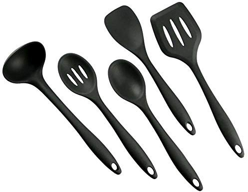 5 Stück Küchenhelfer Silikon Set, Küchenutensilien Set Enthält Pfannenwender, Schlitzlöffel, Löffel, Servierlöffel, Suppenkelle, Spülmaschinenfest, Antihaft, Hitzebeständiges (5 Stück Schwarz)