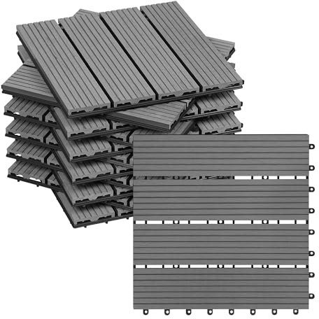 WOLTU Terrassenfliesen für Außen Terrasse Balkon, WPC Fliesen in Holzoptik mit Klicksystem, Hellgrau(11 Stück /1 m²)