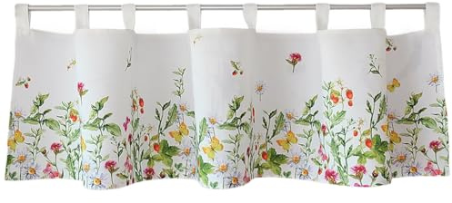 Scheiben-Gardine mit Schlaufen als blickdichter Vorhang in 150 x 30 cm - Landhaus-Stil Bistrogardine bunte Frühling Sommer Blumen - Moderne Kurzstore Küchen-Gardine Wohnzimmer Wohnwagen