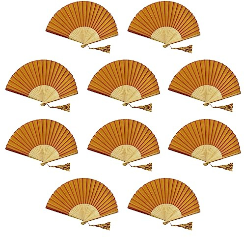 FANSOF.FANS Pack of 10 Chinese Folding Hand Fans – Silk Fabric Handheld Fan with Bamboo Ribs & Tassel, Wedding Fans for Guests, Bridal Shower & Hen Party Favours, Paper Fan Style Wedding Props