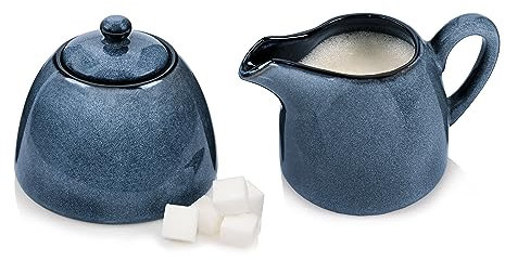 Sänger | Milch und Zucker Set Darwin 3 TLG, Zuckerdose und Milchkännchen Set Steingut, Zuckerdose mit Deckel und Milchkanne, Milchbehälter und Zuckerdosierer, Zuckerbehälter Blau | Premium Collection